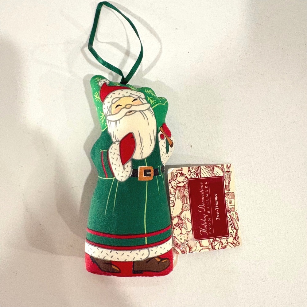 Vintage Hallmark Tree-Trimmer Santa Claus Green Robe Plush Fabric Ornament NWT
